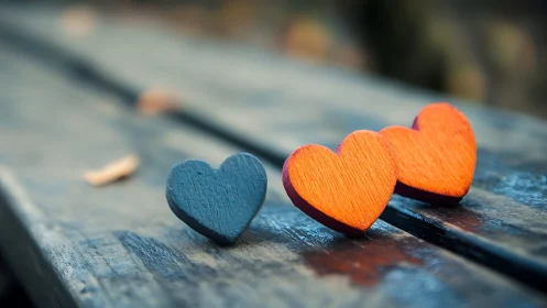 Three painted wooden hearts on weathered blue surface with selective focus