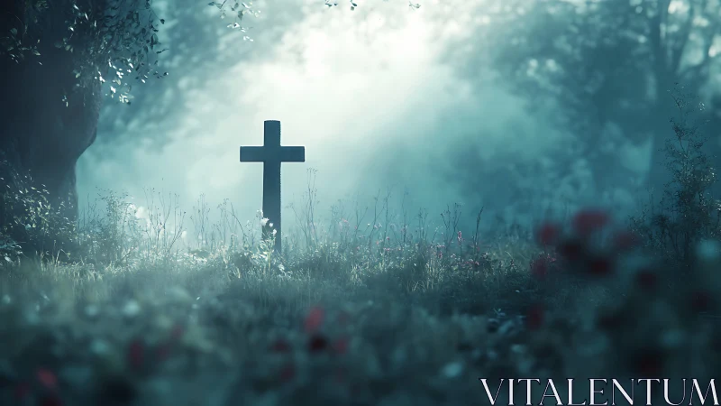 Graveyard cross stands in misty blue forest clearing.