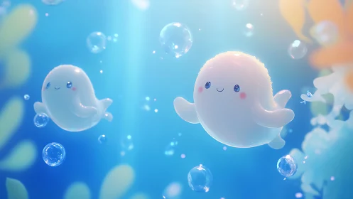 Soft-glow kawaii sea creatures rendered in luminous 3D