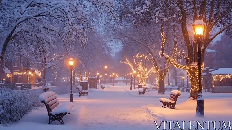 Snow-laden city park glowing with warm lamplight at dusk.