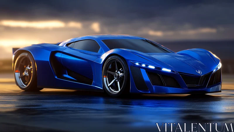Blue futuristic supercar on wet track at dramatic sunset.