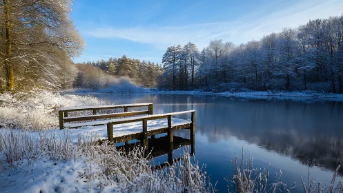 Snow laden jetty beside reflective winter forest lake.