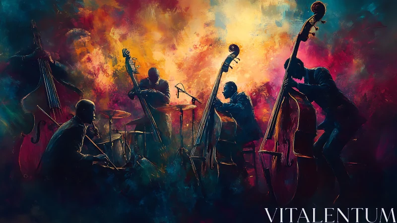 Jazz ensemble glows within abstract, fiery stage colors.