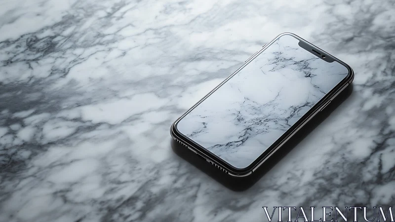 Minimalist smartphone on reflective marble surface close-up.