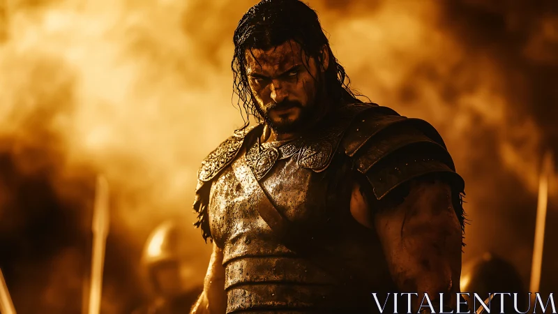 Battle-weary warrior standing in golden stormlight.