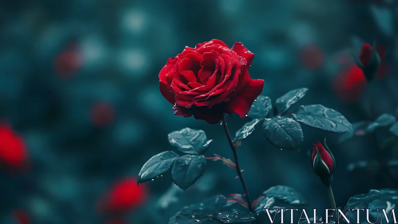 Crimson Rose with Teal Bokeh: Moody Garden Portrait.