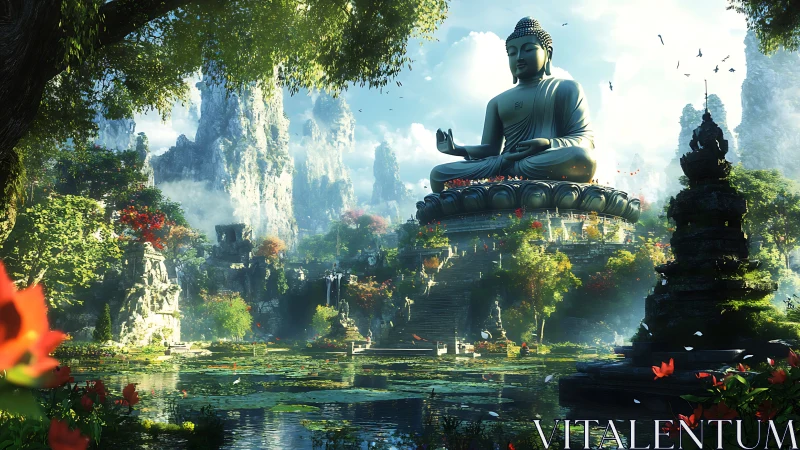 Monumental Buddha statue dominates misty, foliage‑rich valley temple