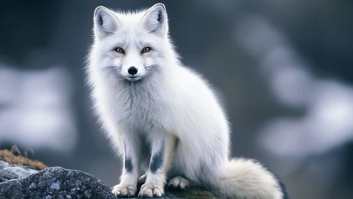 Photorealistic arctic fox portrait on rocky tundra background.