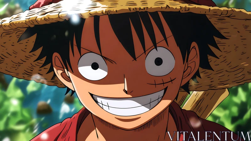 Straw hat anime boy smiling in bright outdoor scene.