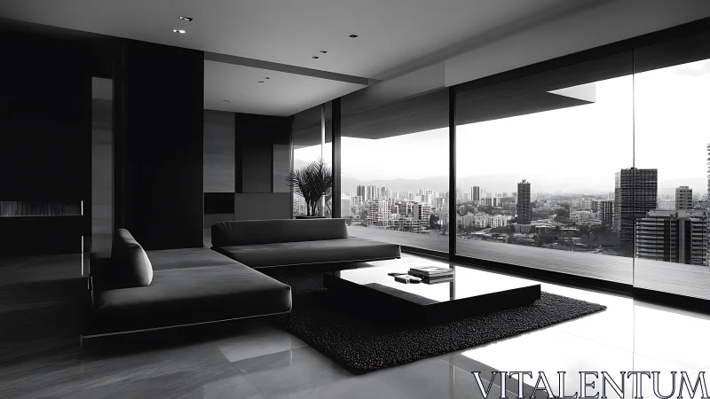 Sleek city penthouse lounge opens to a calm urban skyline