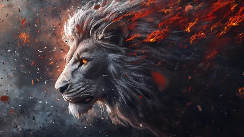 Fiery lion portrait with blazing mane in smoky darkness.