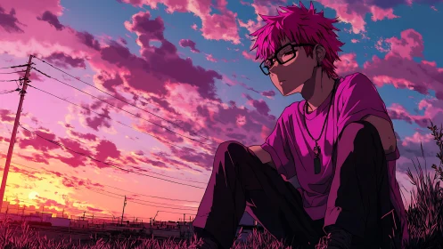 Backlit anime teen sits in sunset field under magenta cloudscape