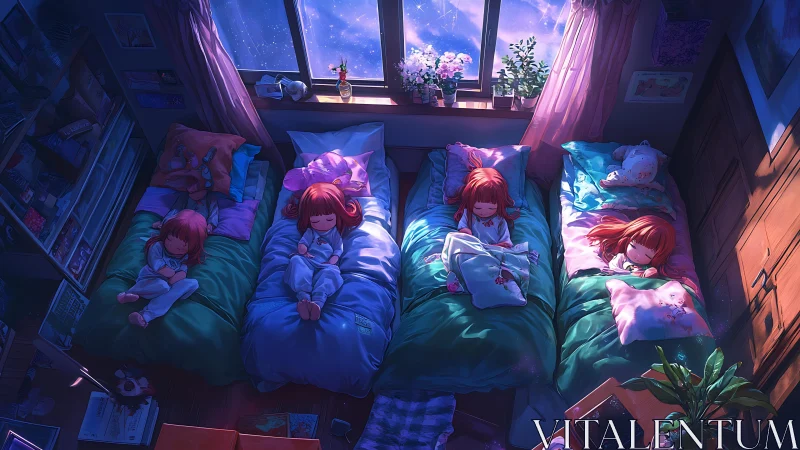 Four sleeping girls share pastel beds under starlit window