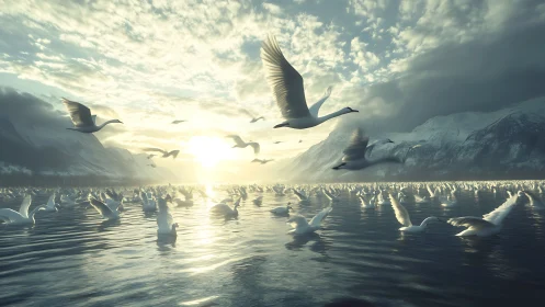 Migrating swans traverse glacial fjord under dramatic backlight