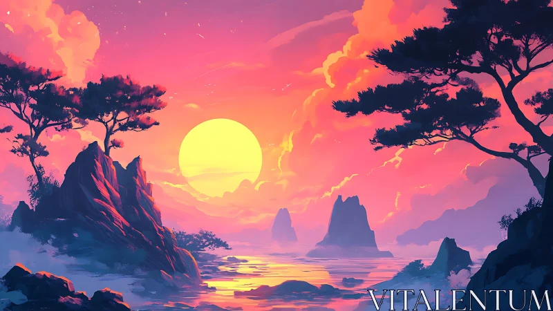 Radiant fantasy sunset bathes rocky coast in glowing light.