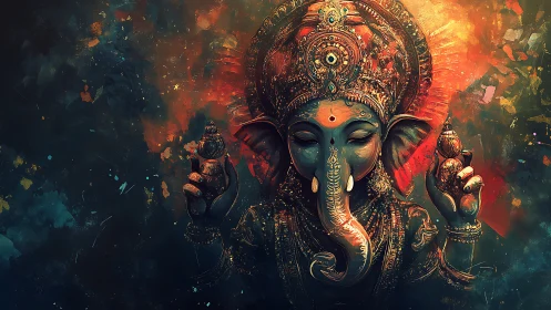Cosmic Ganesha breathes embers of color into the void