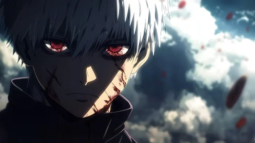 White haired anime figure with red eyes and scars.