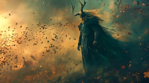 Horned fantasy warlord strides through swirling ember storm.