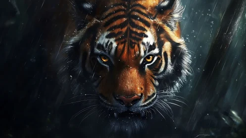 Rain-soaked tiger moves forward with glowing, determined eyes