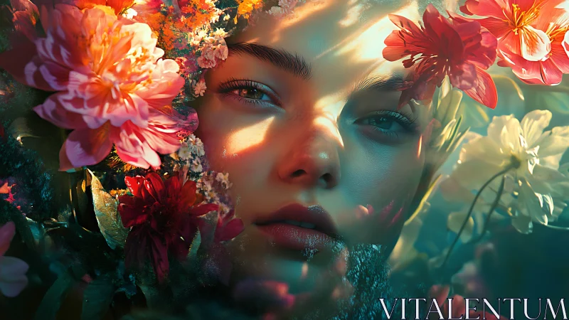 Female face framed by dense colorful flowers in sunlight