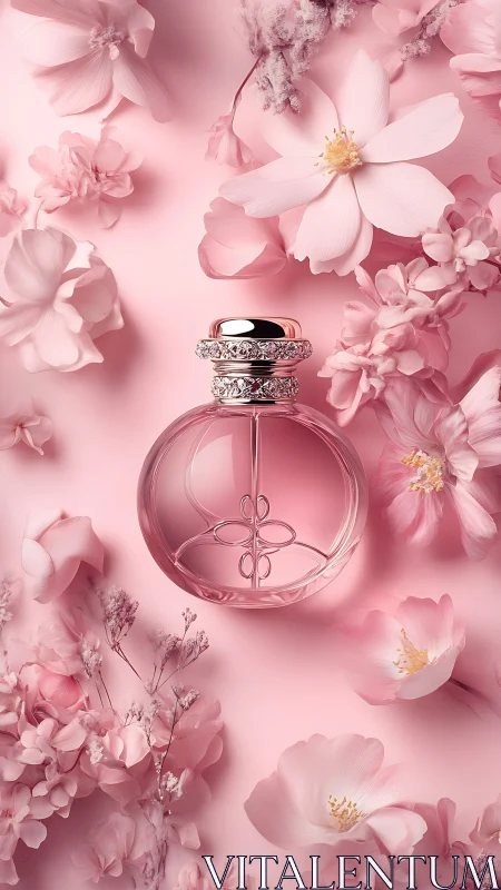Pink floral perfume bottle amid soft pastel blossoms.