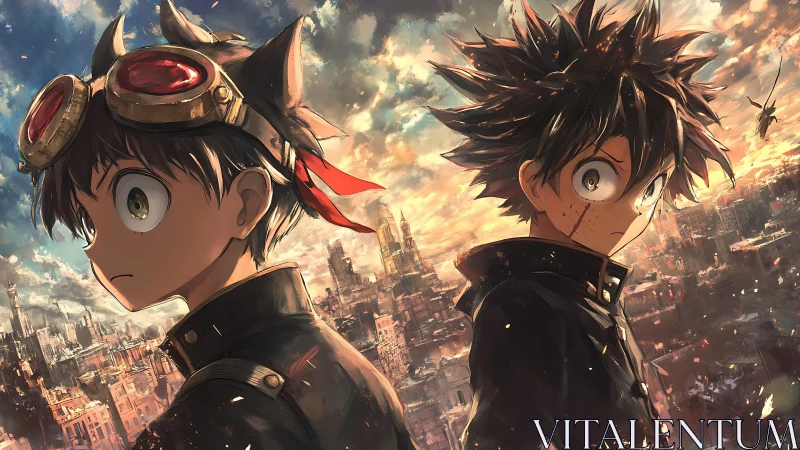 Two anime boys stand back to back over burning cityscape.