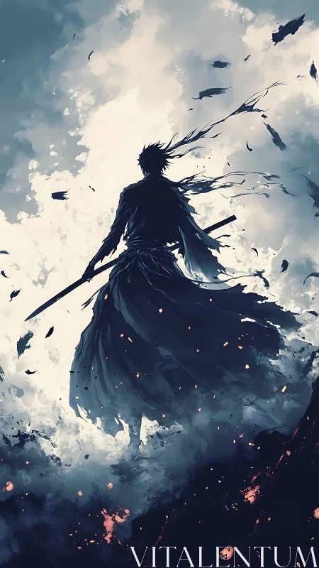 Stormbound swordsman silhouette amid swirling embers and sky.