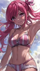 Pink-haired anime girl in striped bikini under bright sky.