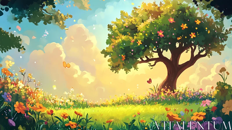 Sunlit flowering tree in lush meadow under glowing clouds