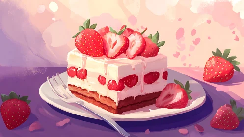 Multi-layered strawberry cake with cream icing and fresh berry garnish. Dreamlike composition.