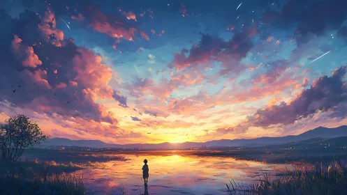 Expansive sunset sky reflects across flooded plain with lone figure
