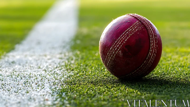 Red cricket ball resting on green grass near boundary line.