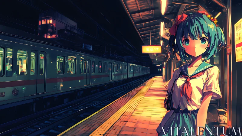 Anime night rail platform with neon-lit character framing.