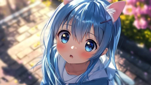 Blue haired neko girl with glowing eyes outdoors.