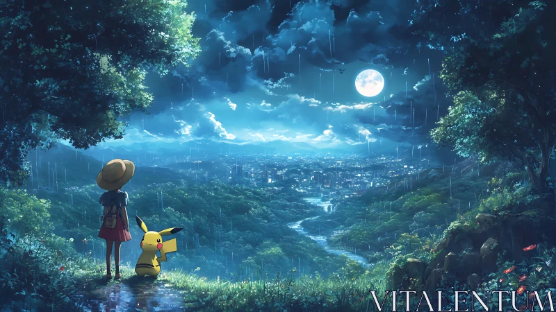 Girl and Pikachu observing rainy moonlit cityscape panorama.