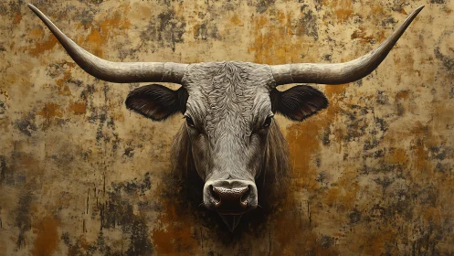 Longhorn bull head against distressed ochre wall texture.