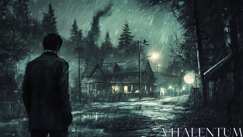 Lone drifter studies a rain-soaked roadside inn of secrets.