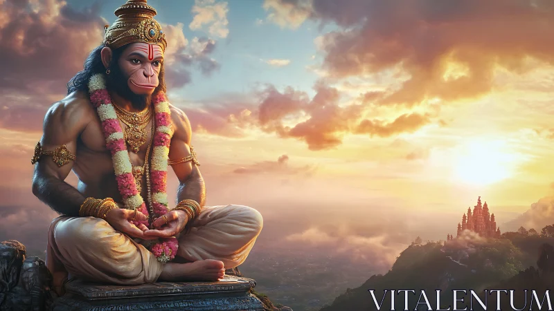 Serene monkey deity meditating above a glowing valley.