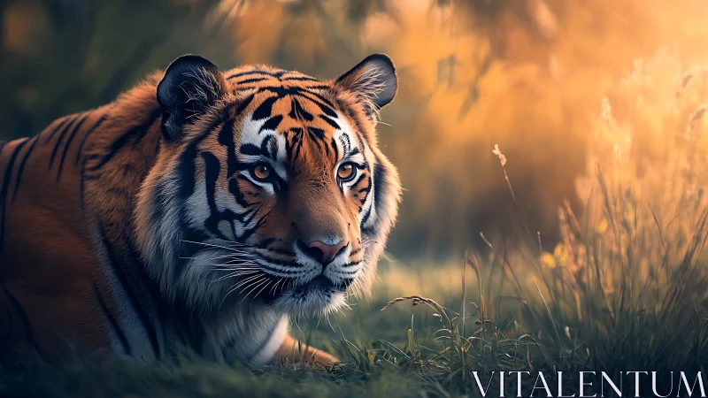 Low-angle tiger portrait under warm, shallow-depth sunset lighting