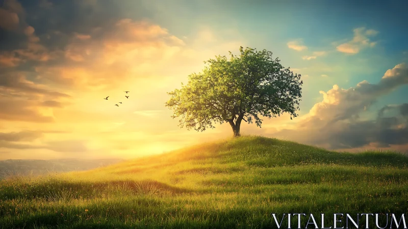 Lone green tree stands on sunlit hill under glowing sky