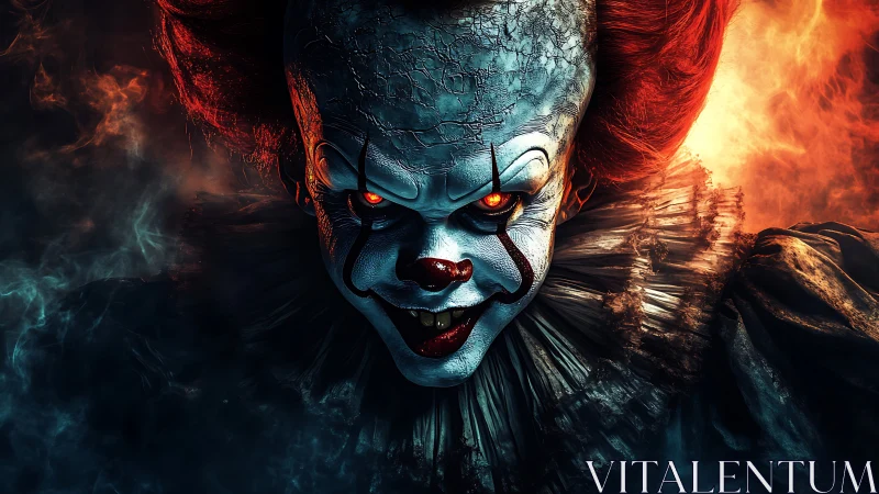 Symmetrical close-up of sinister clown under dual lighting.