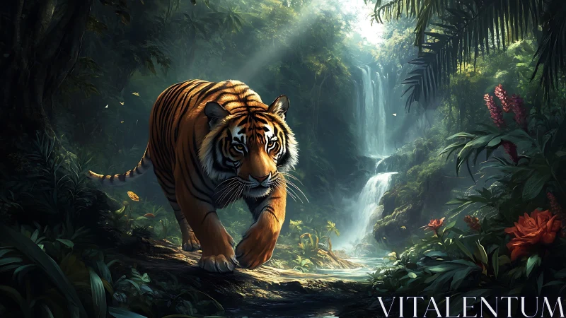 Majestic tiger advances through humid rainforest toward waterfall