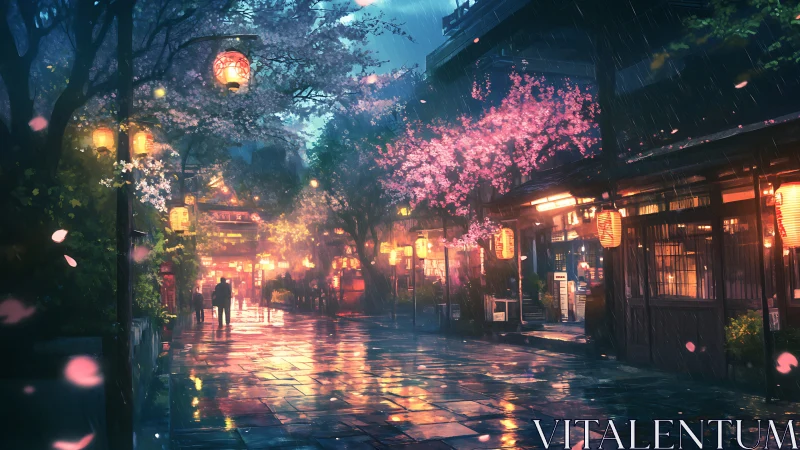 Lanternlit sakura street glows softly beneath the evening rain.