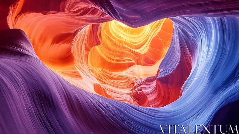 Digital painting of glowing canyon vortex with chromatic strata.