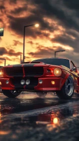 Red muscle car on wet asphalt under dramatic sunset sky
