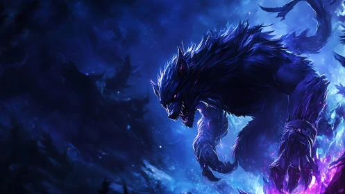 Shadow werewolf lunges through glowing neon storm.