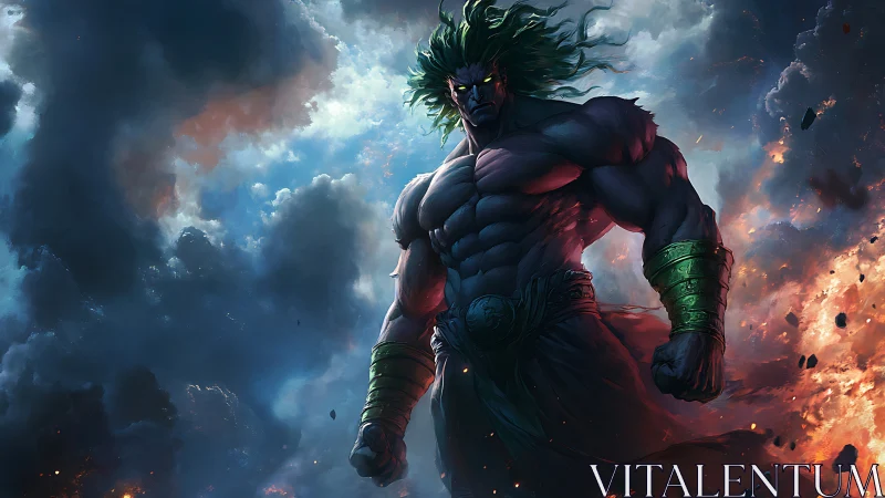 Mythic storm-titan materializing within volatile cloudscape.