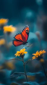 Orange butterfly rests on yellow flower in soft blue light