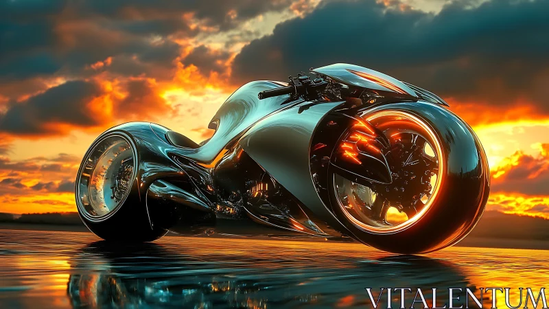 Futuristic chrome motorcycle against blazing sunset horizon.