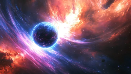 Glowing planet framed by vivid cosmic nebula currents.